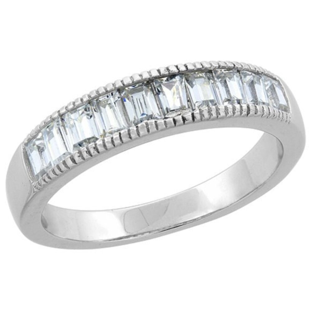 Sterling Silver Emerald-cut CZ Channel Wedding Band Millgrain edged size 6 7 8 9